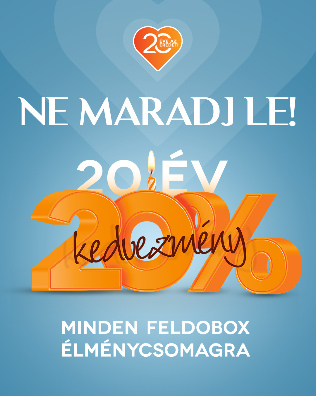 ⏳ Ezt most nem érdemes halogatni.

A Feldobox 20. születésnapi akciója már fut:
👉 20% kedvezmény minden élménycsomagra, de csak április 26-ig!

Elég egy pillantás a naptárra:
🎂 születésnap • 🌷 anyák napja • 🎓 ballagás • 🎈 gyereknap • 💍 esküvő

Ha úgyis jönnek az alkalmak, most tudsz előre készülni, és egy ajándékkal többet kipipálni - ráadásul óriási kedvezménnyel.

👉 Ne maradj le, vásárolj most! 
https://www.feldobox.hu/termekek

Feldobox – 20 éve az eredeti élményajándék.

#Feldobox #Élményajándék #Születésnapiakció